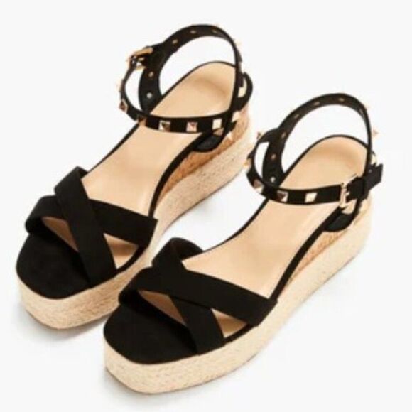 Sexy Black Studded Platform Wedge High Heel Sandals - Picture 5 of 8